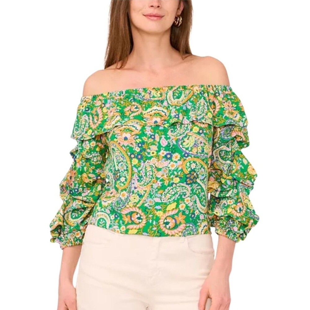 vince camuto womens green paisley ruffled off the shoulder bubble sleeve size L
